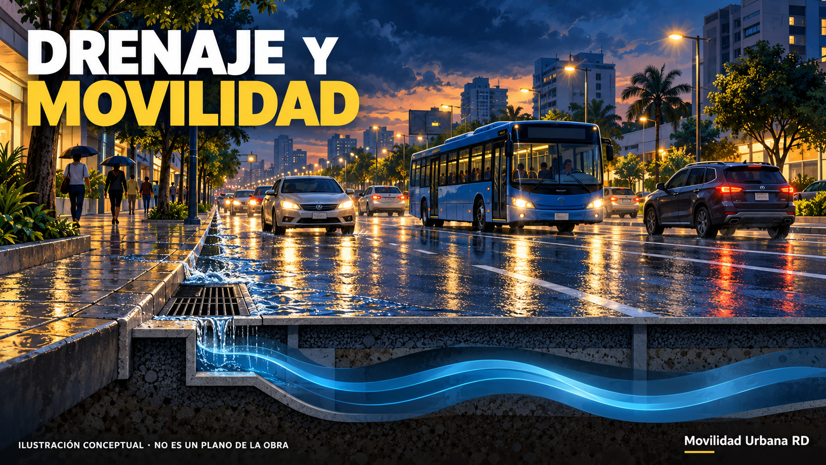 Ilustración conceptual generada con inteligencia artificial de una avenida bajo lluvia y el drenaje subterráneo; no representa el diseño ni el estado de la obra de la Luperón.