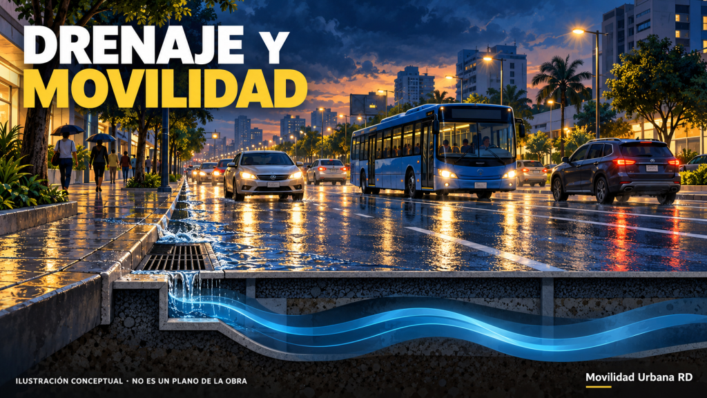 Ilustración conceptual generada con inteligencia artificial de una avenida bajo lluvia y el drenaje subterráneo; no representa el diseño ni el estado de la obra de la Luperón.