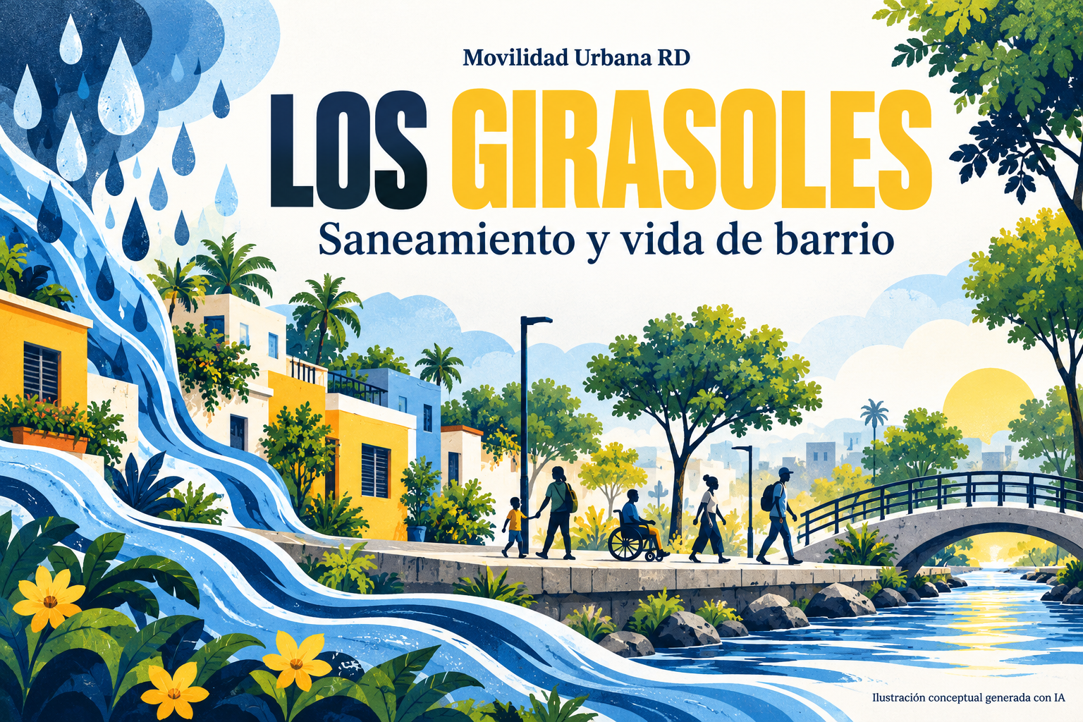 Ilustración conceptual de viviendas, peatones, vegetación y agua; no representa las obras reales de Los Girasoles.