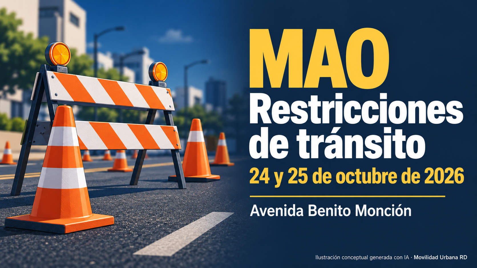 Ilustración conceptual con conos y una barrera de obras; anuncia restricciones en la avenida Benito Monción de Mao el 24 y 25 de octubre de 2026.