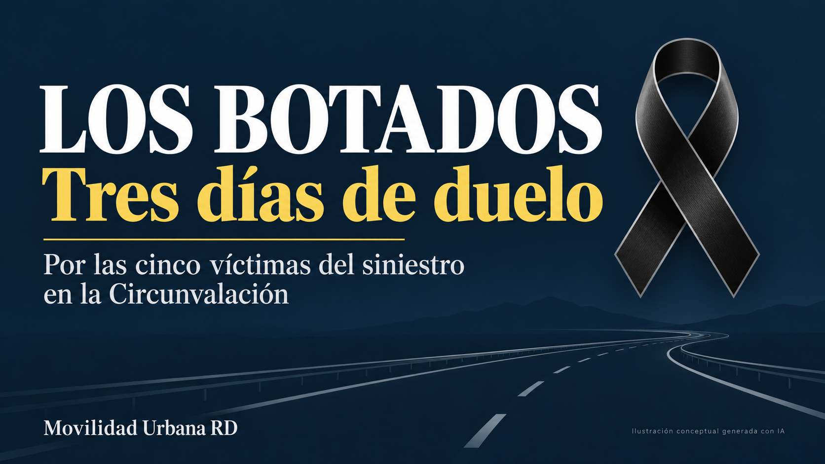 Lazo negro de duelo sobre fondo azul noche y una carretera ilustrada, en memoria de las cinco víctimas de Los Botados.