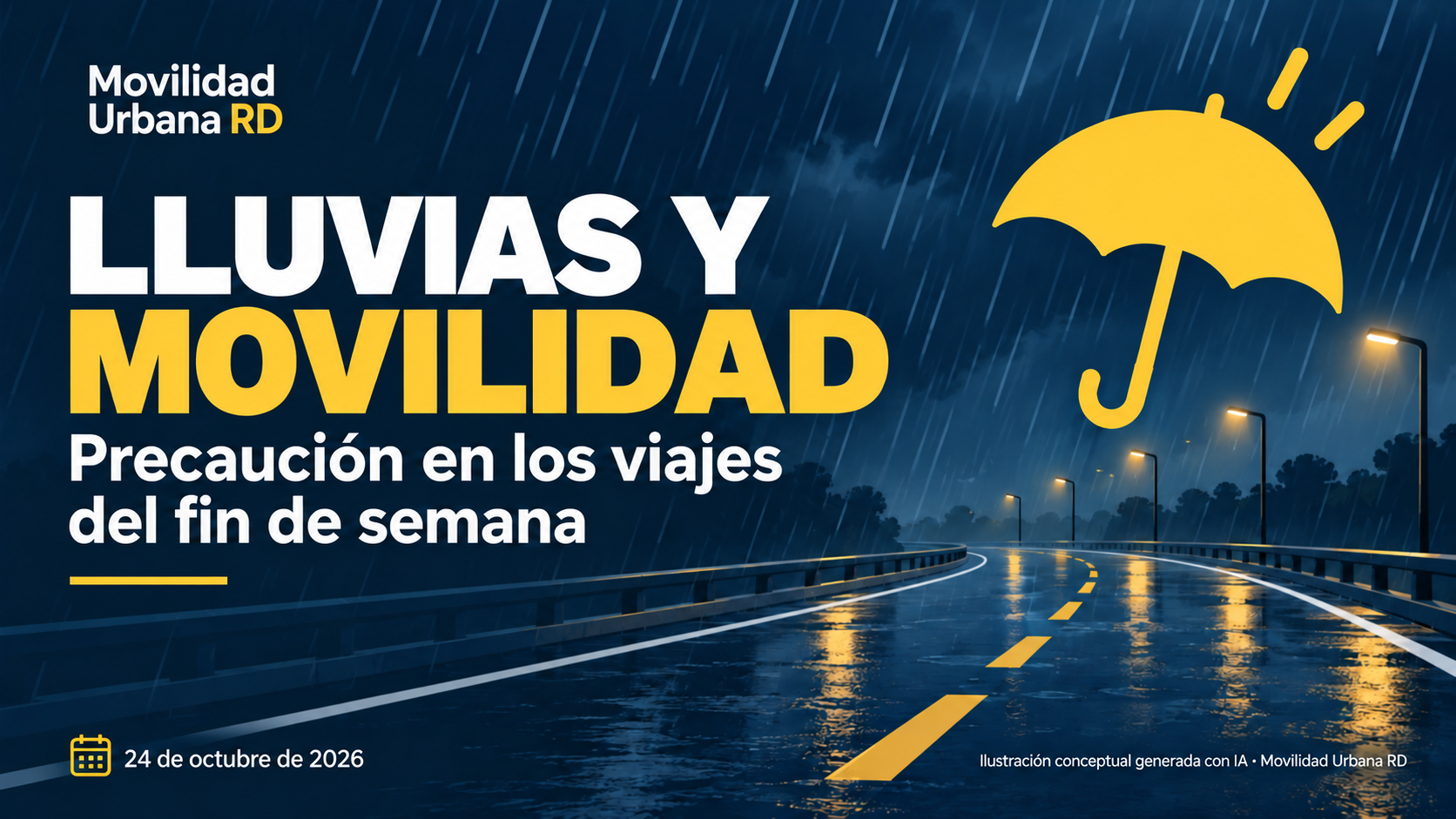 Ilustración conceptual de lluvia sobre una carretera genérica, con un paraguas y un mensaje de precaución para los viajes.