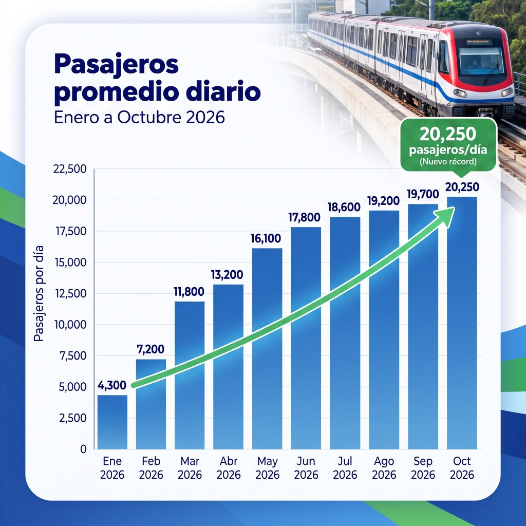 Gráfica divulgada: enero 4300, febrero 7200, marzo 11800, abril 13200, mayo 16100, junio 17800, julio 18600, agosto 19200, septiembre 19700 y octubre 20250 pasajeros diarios.